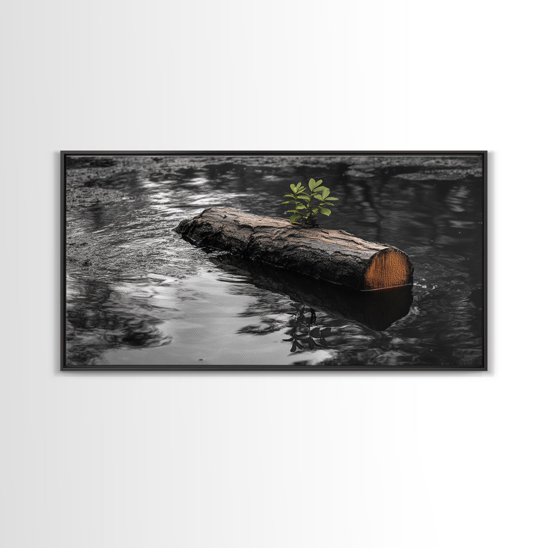 Nature Log, Life Grows, Floating Tree, Framed Canvas Print, Minimalist Growth Art, Nature Symbolism, Office Inspiration, Calm Wall Art