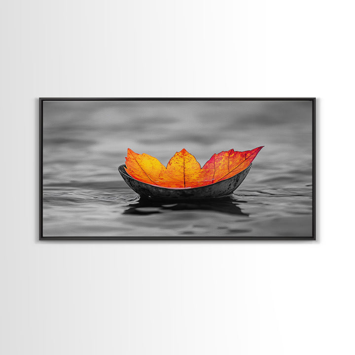 Autumn Leaf, Floating Bowl, Red Yellow Decor, Framed Canvas Print, Cozy Fall Art, Thanksgiving Wall Art, Kitchen Decor, Minimalist Style