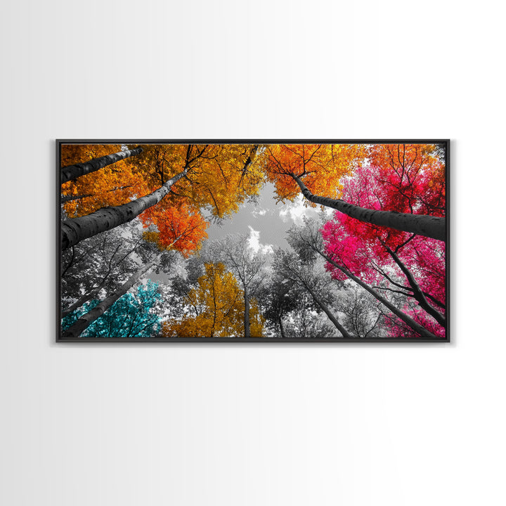 Autumn Trees, Colorful Forest, Fall Foliage, Looking Up, Framed Canvas Print, Vibrant Nature, Living Room Wall Art, Boho Style