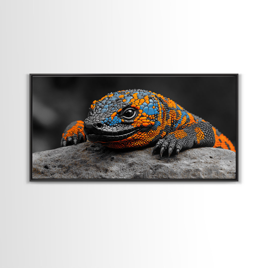 Colorful Lizard, Wildlife Closeup, Exotic Creature, Nature Bold, Framed Canvas Print, Reptile Lover Gift, Office Wall Art, Vibrant Wildlife Art