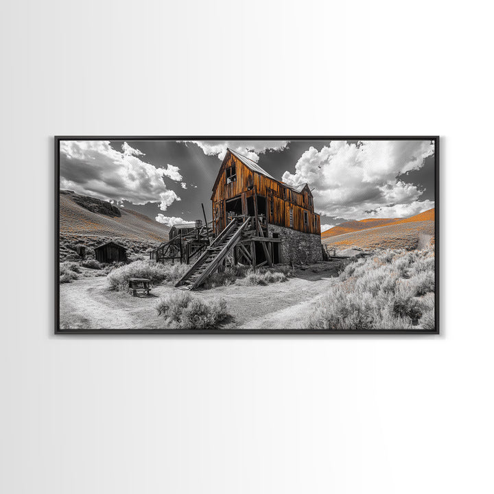 Desert Barn, Rustic Landscape, Western Vibes, Autumn Glow, Framed Canvas Print, Farmhouse Wall Art, Abandoned Homestead Photography