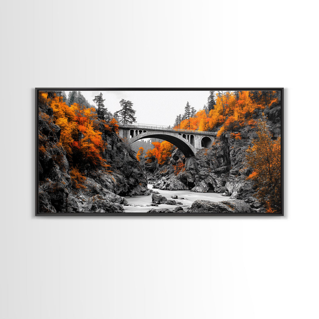 Autumn Bridge, River Gorge, Rustic Nature, Fall Trees, Framed Canvas Print, Cabin Wall Art, Seasonal Decor, Scenic Travel Landscape