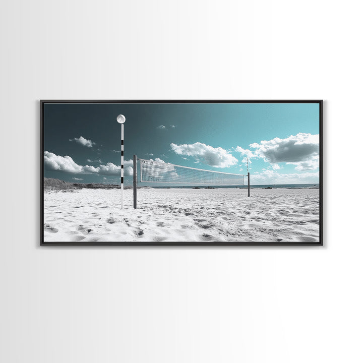 Beach Volleyball, Summer Sport, Minimalist Beach Scene, Sky Art, Framed Canvas Print, Game Room Wall Art, Coastal Modern Decor