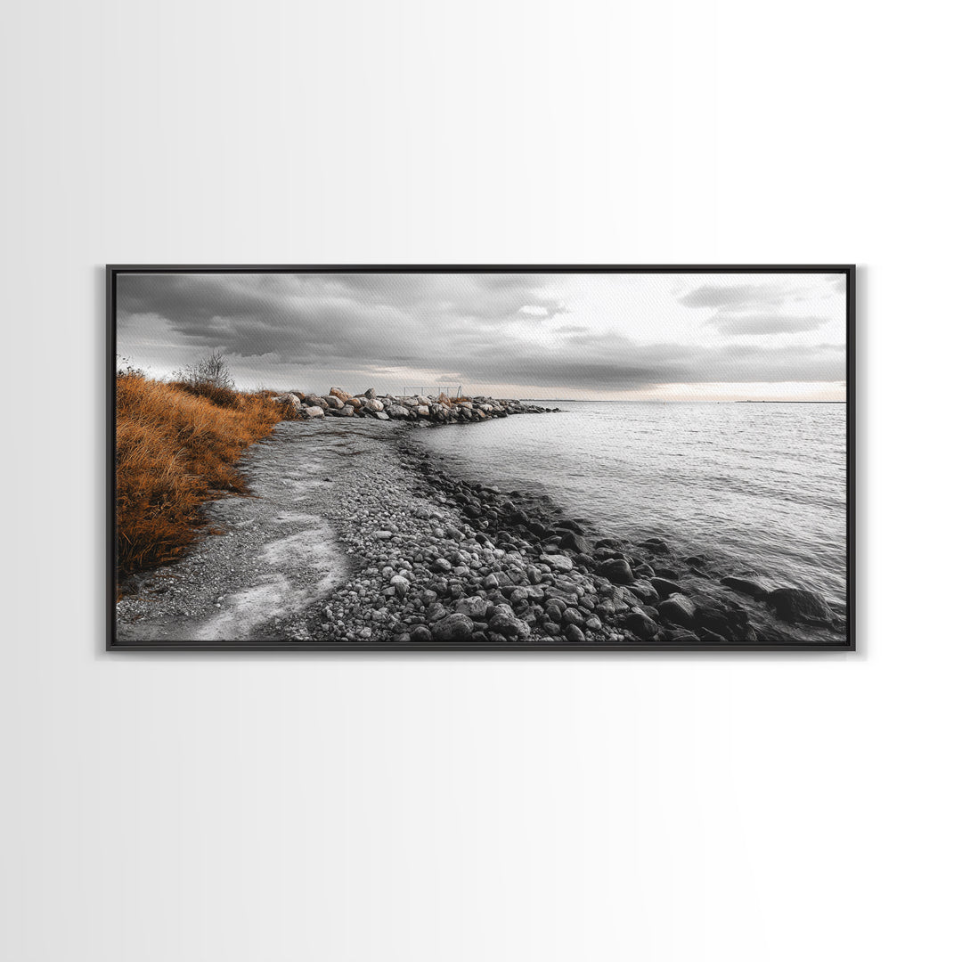 Coastal Path, Stormy Shore, Serene View, Monochrome Mood, Framed Canvas Print, Beach Wall Art, Peaceful Nature, Seaside Photography Decor