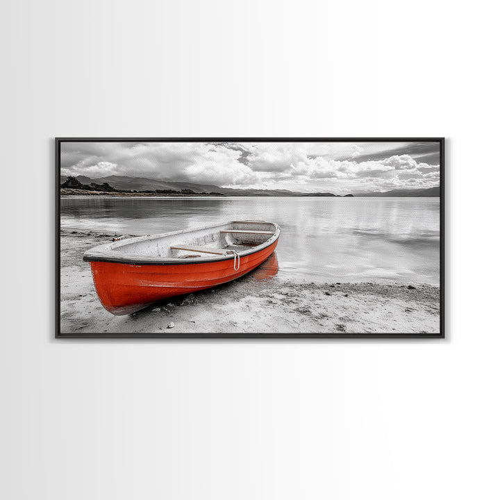 Beached Boat, Calm Waters, Cloudy Horizon, Serene Coastline, Framed Canvas Print, Coastal Wall Art, Minimalist Home Decor, Beach House