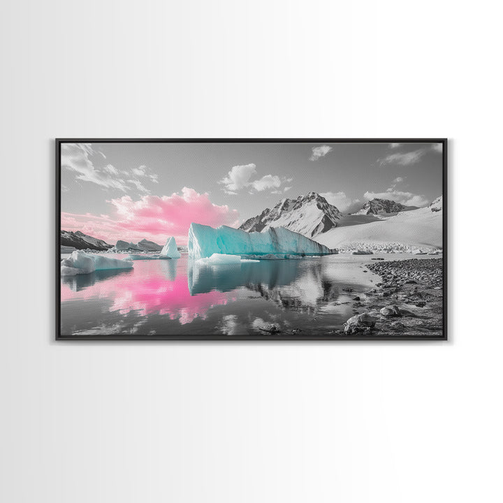 Blue Icebergs, Pink Sky, Glacial Lake, Arctic Dreamscape – Canvas Print, Nature Photography Art, Bedroom Wall Art, Serene Winter Decor