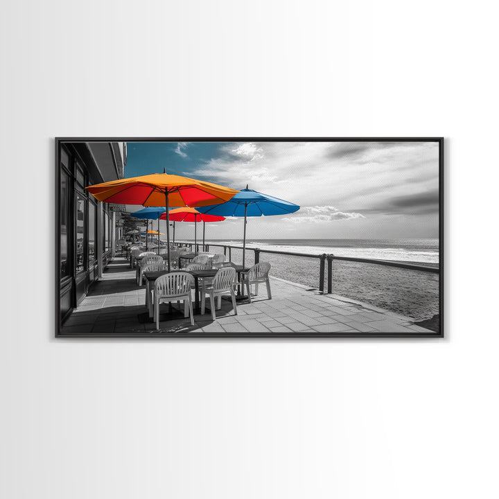 Ocean Café, Coastal Dining, Bright Umbrellas, Seaside View, Framed Canvas Print, Kitchen Wall Art, Beachfront Vibe, Color Pop Style