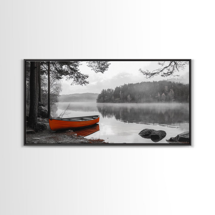 Misty Lake, Orange Boat, Forest Reflections, Foggy Calm – Canvas Print, Nature Wall Art, Fall Cabin Decor, Cozy Landscape Photography