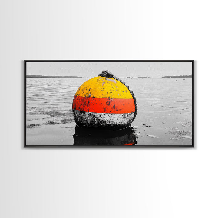 Buoy Pop, Marine Marker, Vibrant Sea, Nautical Life, Framed Canvas Print, Coastal Wall Art, Bathroom Decor, Bold Ocean Aesthetic