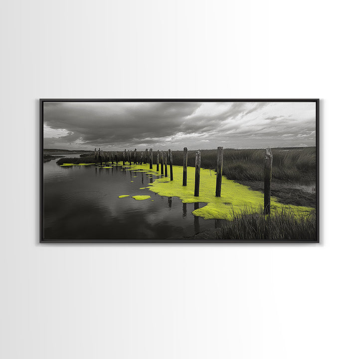 Coastal Marsh, Minimalist Nature, Black and White Art, Modern Decor, Framed Canvas Print, Bathroom Wall Art, Yellow Accents, Serene Mood