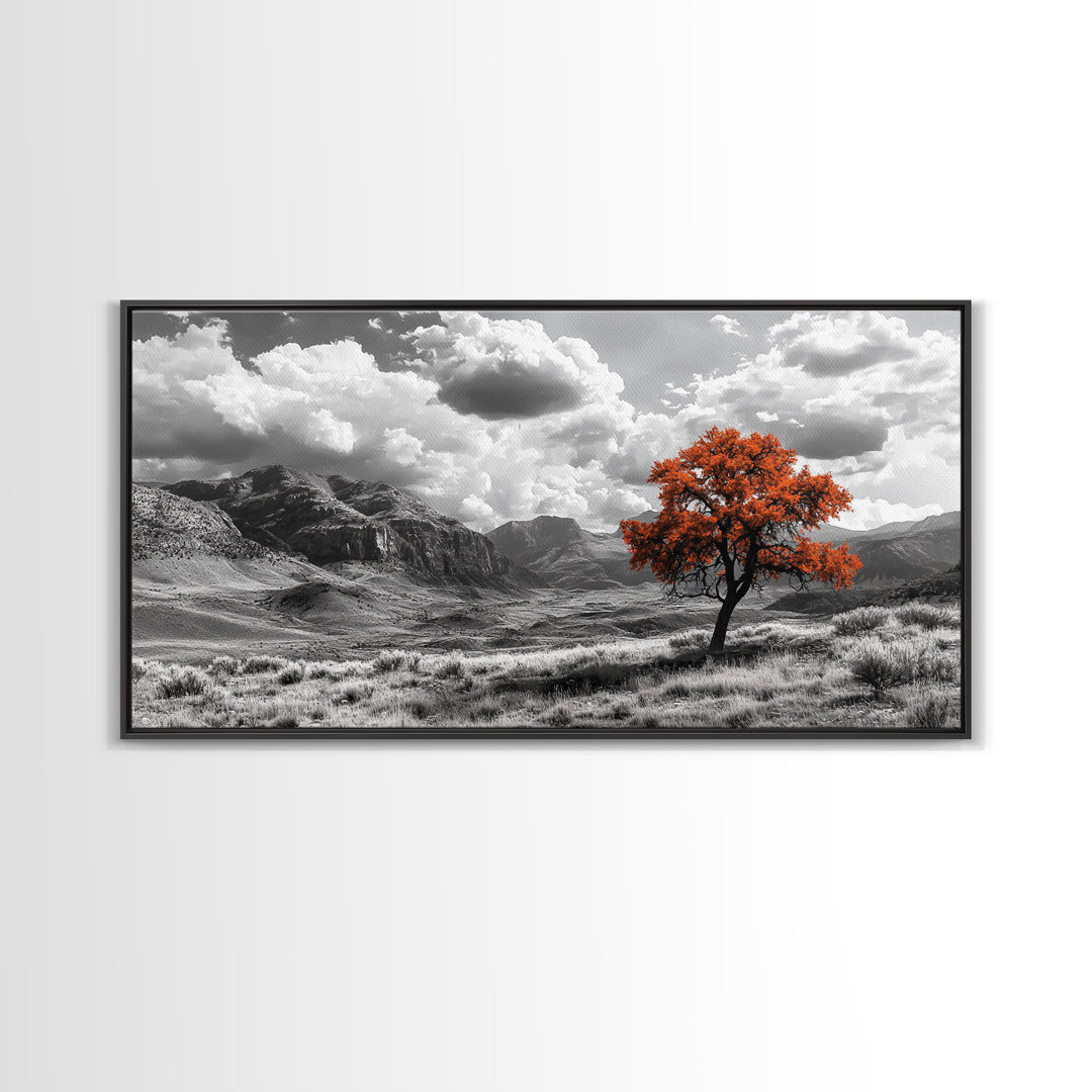 Autumn Tree Vista, Western Mountains Landscape, Vibrant Fall Decor, Dramatic Skies Canvas Print, Framed Canvas Print, Nature Wall Art