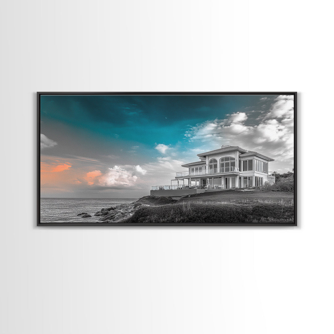 Beach House, Coastal Sunset, Ocean View, Framed Canvas Print, Modern Coastal Decor, Living Room Art, Ocean Sky Photography