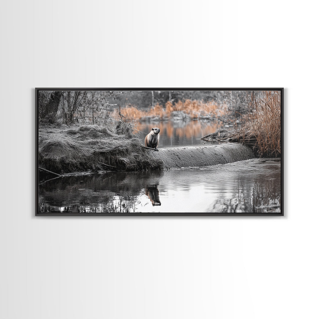 River Otter View, Wildlife Scene, Autumn Nature, Moody Landscape, Framed Canvas Print, Cabin Decor, Animal Wall Art, Woodland Aesthetic