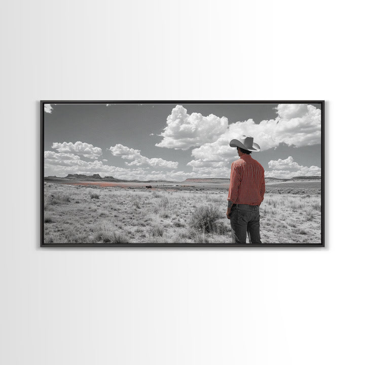Cowboy Stare, Western Horizon, Desert Dream, American Spirit, Framed Canvas Print, Rustic Bedroom Art, Country Wall Decor, Western Style