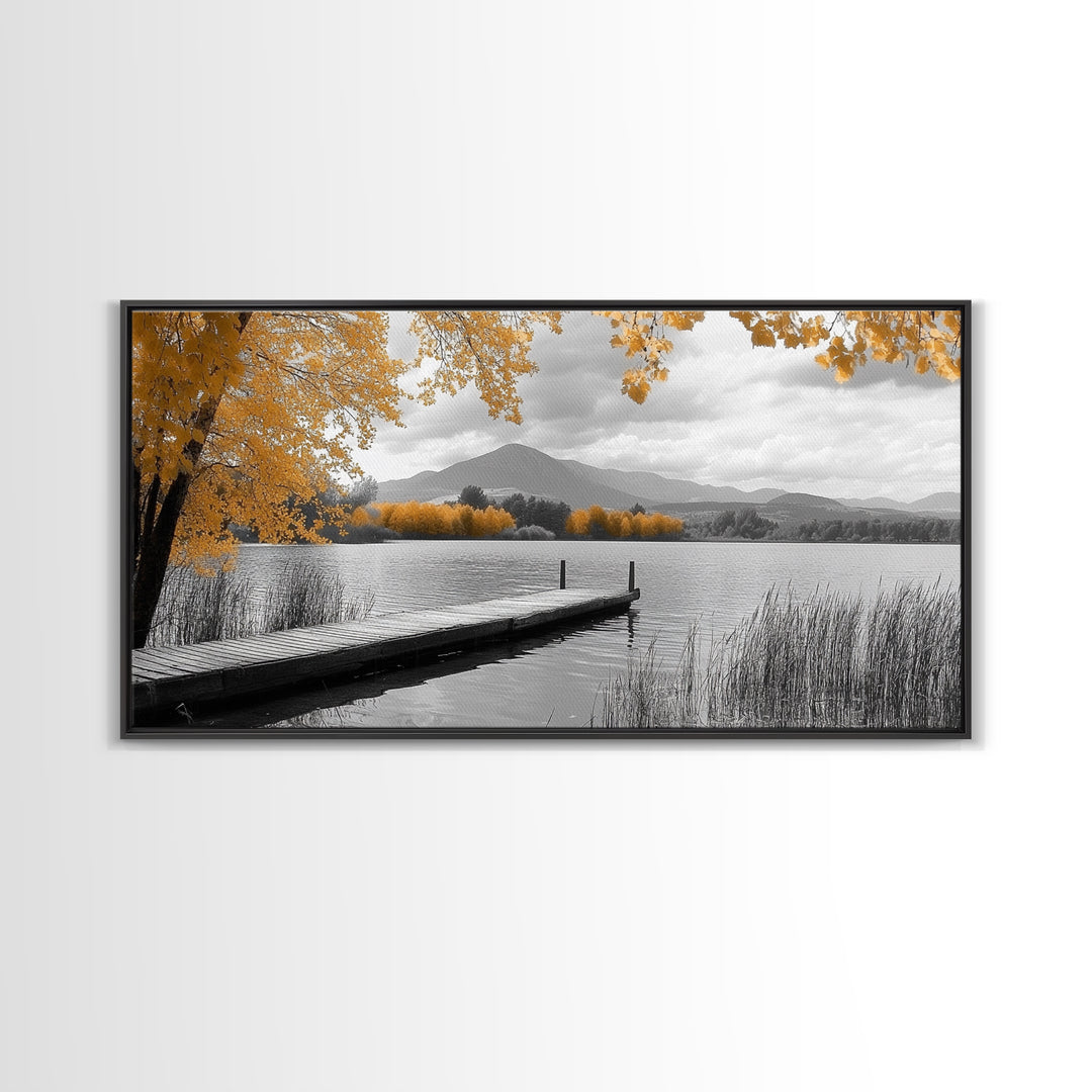 Autumn Lake, Golden Trees, Mountain Calm, Rustic Dock, Framed Canvas Print, Fall Living Room Art, Nature Landscape, Tranquil Cabin Decor