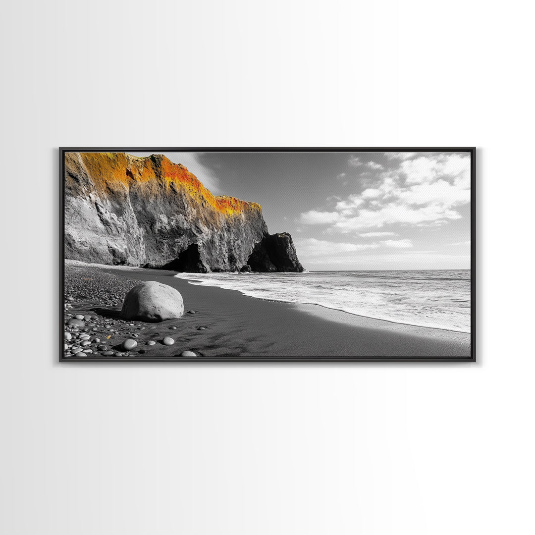 Coastal Cliff View, Monochrome Shore, Bold Nature Scene, Framed Canvas Print, Beach Wall Art, Dramatic Landscape, Modern Office Decor