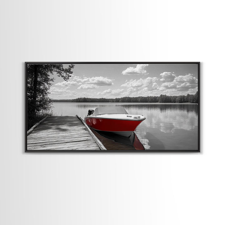 Rustic Boathouse, Red Canoe, Lake Reflection, Tranquil Nature, Framed Canvas Print, Cabin Wall Art, Autumn Lake House Decor
