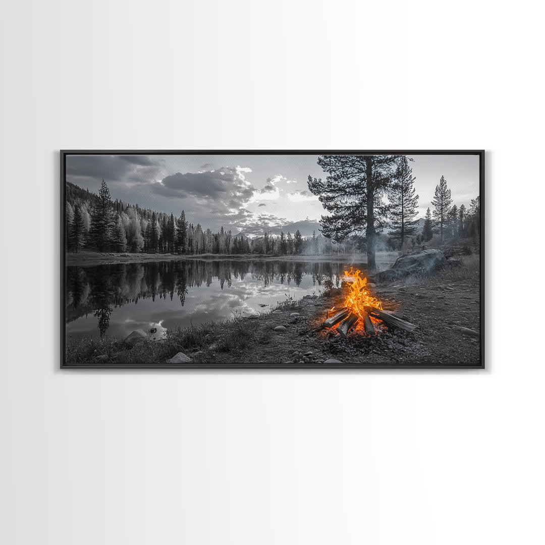 Campfire Sunset, Lake Reflections, Wilderness Escape, Nature Serenity, Framed Canvas Print, Rustic Decor, Autumn Wall Art, Living Room