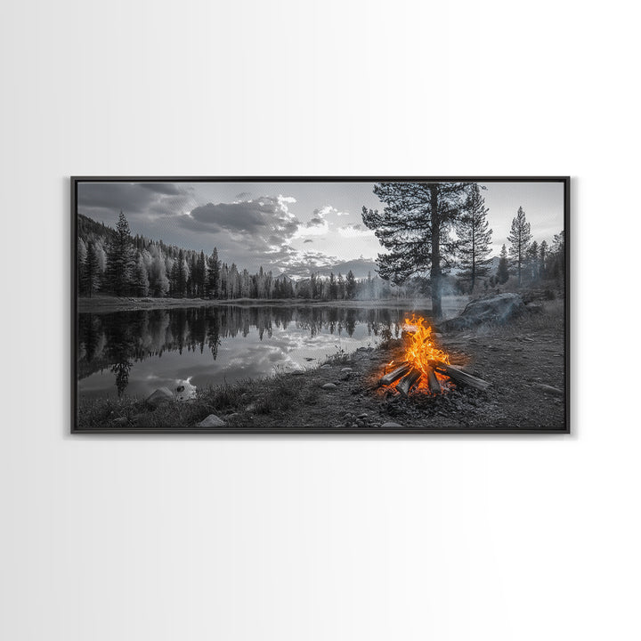 Campfire Sunset, Lake Reflections, Wilderness Escape, Nature Serenity, Framed Canvas Print, Rustic Decor, Autumn Wall Art, Living Room