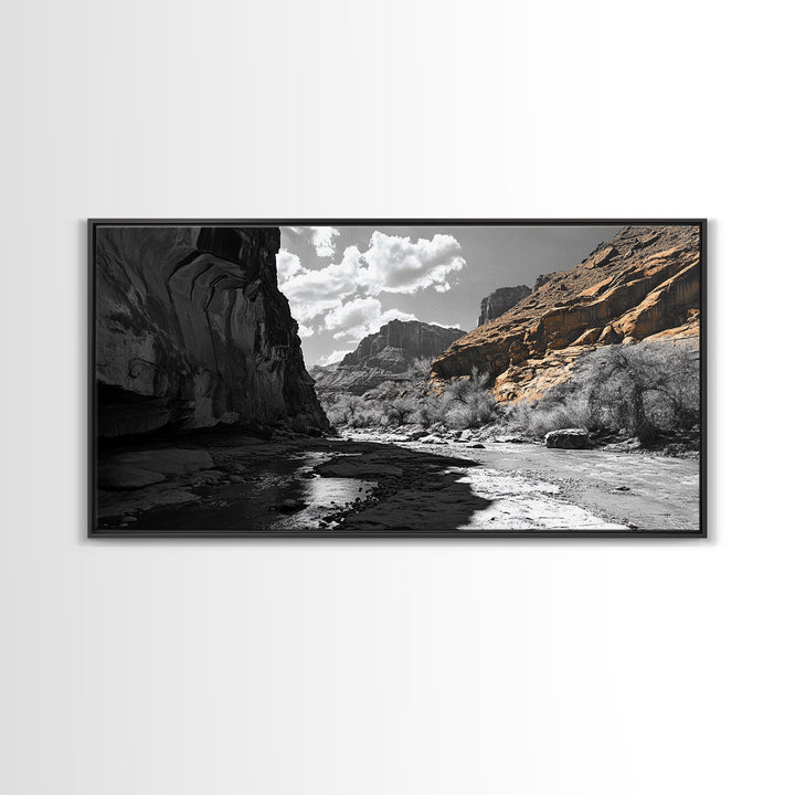 Desert Canyon, River Shadows, Rock Formations, Wild Terrain, Framed Canvas Print, Nature Wall Art, Earth Tone Decor, Living Room Style