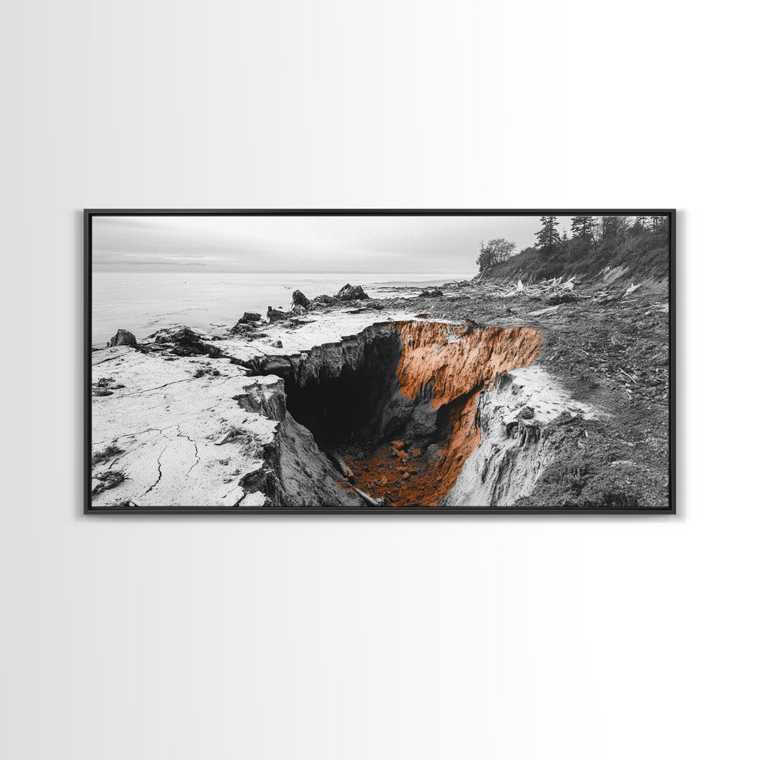 Coastal Cliff, Erosion Edge, Rugged Shoreline, Ocean Mystery, Framed Canvas Print, Modern Nature Wall Art, Earthy Office Decor, Beach Mood