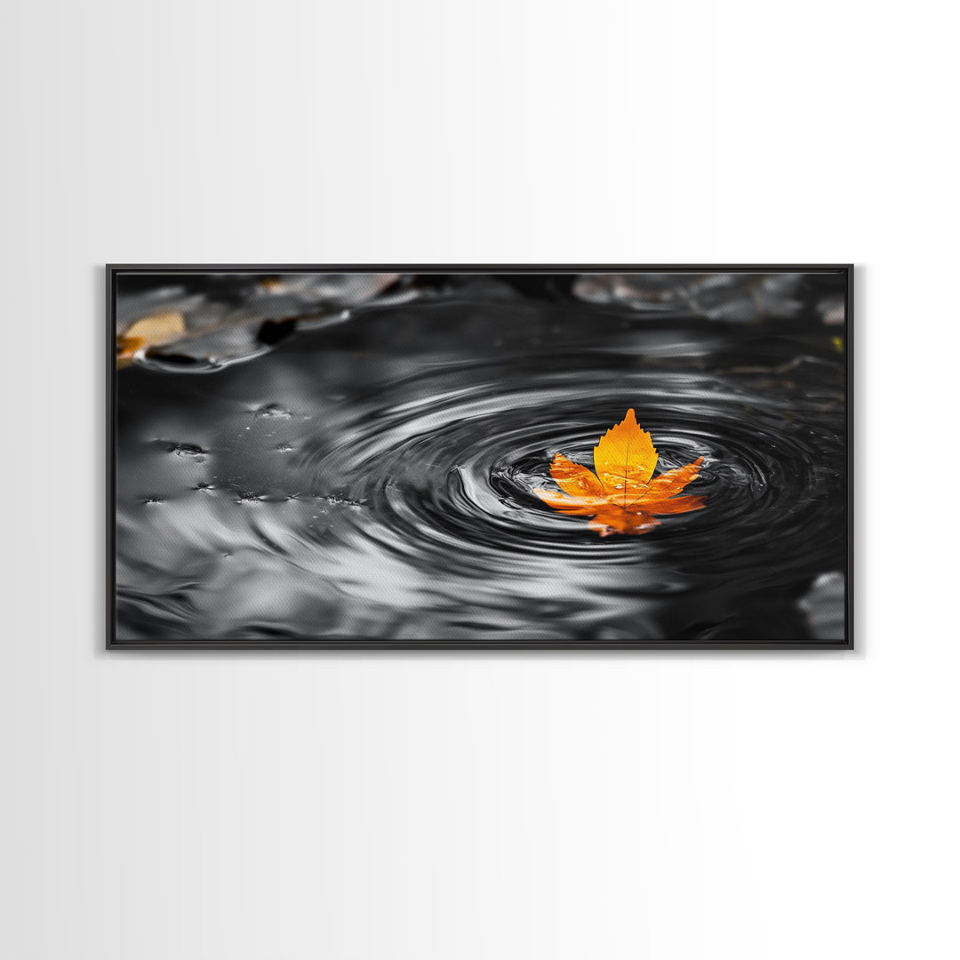 Autumn Leaf Ripple, Nature Zen Moment, Framed Canvas Print, Fall Wall Decor, Minimalist Art, Bathroom or Spa Wall Art, Peaceful Vibe