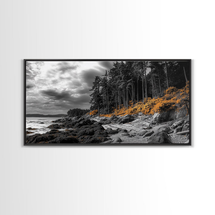Autumn Coastline, Orange Forest Edge, Framed Canvas Print, Coastal Nature Art, Fall Wall Decor, Rustic Living Room Style, Moody Sky
