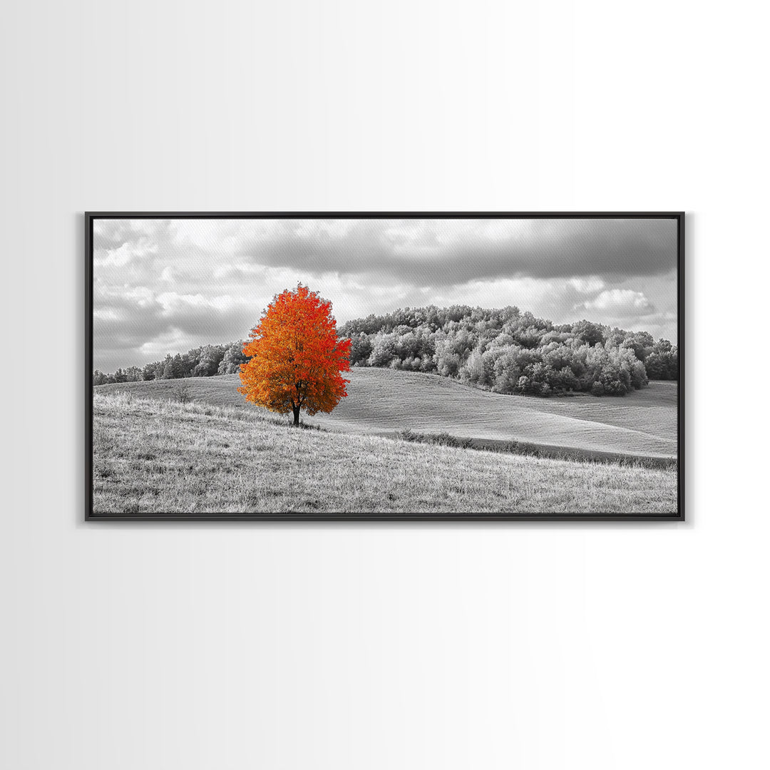 Autumn Tree, Rolling Hills, Minimalist Landscape, Fall Decor, Framed Canvas Print, Office Wall Art, Vibrant Red Orange Tree Scene