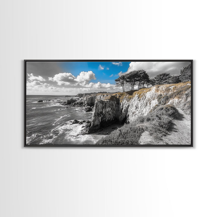 Coastal View, Cliffside Trees, Ocean Horizon, Nature Escape, Canvas Print perfect coastal wall art, minimalist home decor, bathroom art