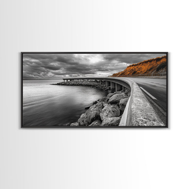 Cliffside Road, Autumn Drive, Ocean View, Stormy Sky, Canvas Print fall landscape art, modern hallway decor, minimalist travel scene