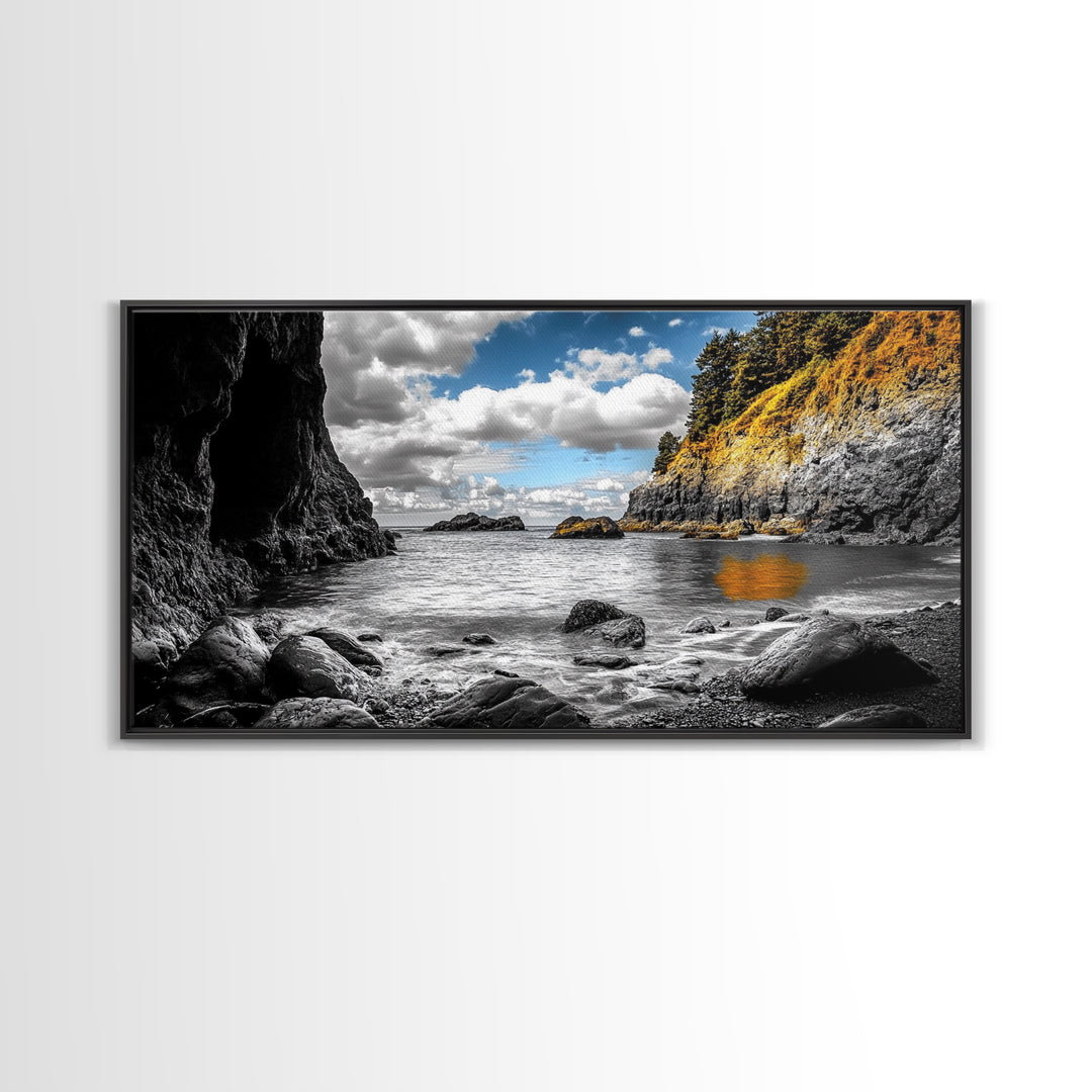 Rocky Cove, Coastal Escape, Golden Hillside, Ocean View, Canvas Print boho coastal art, fall themed decor, living room wall piece