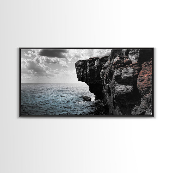 Cliff Edge, Ocean Drop, Moody Seascape, Dramatic Rock Face, Canvas Print modern landscape art, monochrome minimalist decor, bedroom wall art