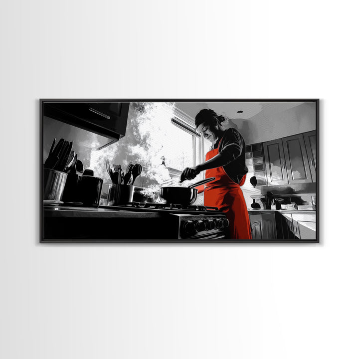 Bold Cooking Moment, Artistic Kitchen Scene, Red Apron Chef, Steam and Light, Framed Canvas Print, Kitchen Wall Art, Modern Pop Style
