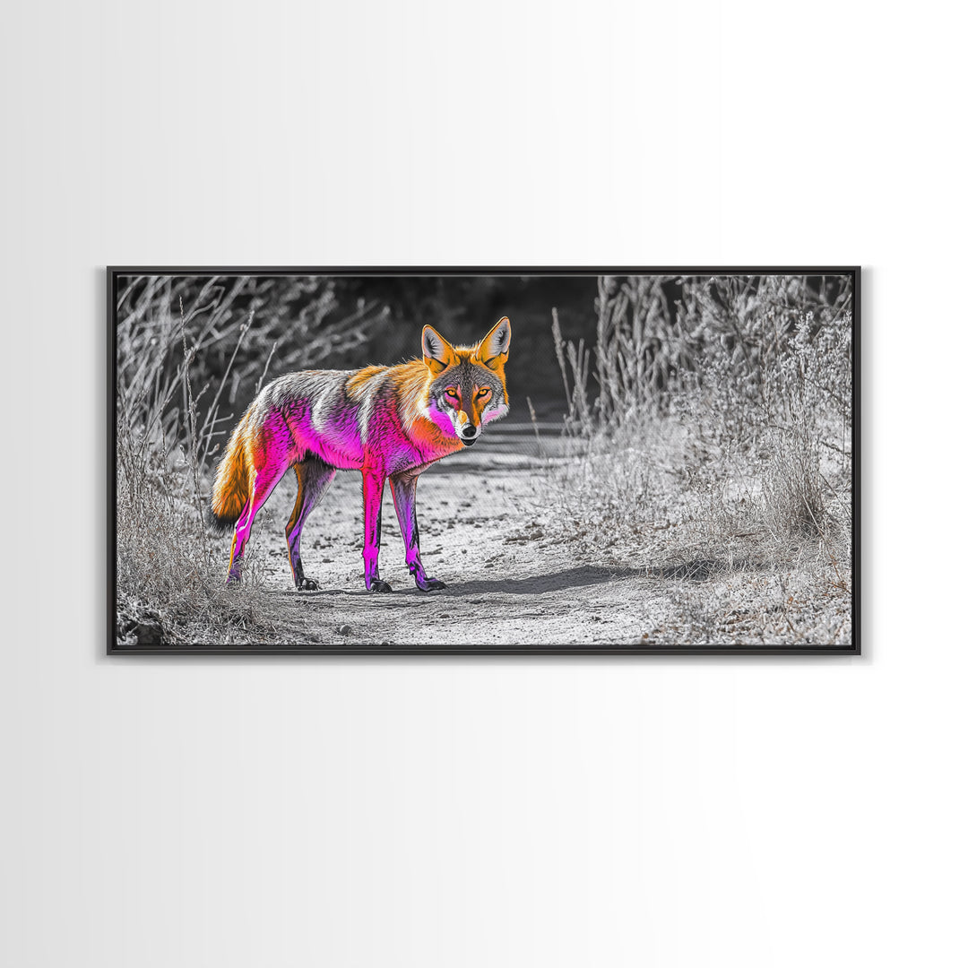 Neon Fox Portrait, Vibrant Wildlife Path Scene, Bright Nature Animal, Framed Canvas Print, Bedroom Wall Art, Psychedelic Animal Style