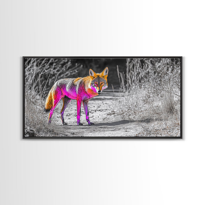 Neon Fox Portrait, Vibrant Wildlife Path Scene, Bright Nature Animal, Framed Canvas Print, Bedroom Wall Art, Psychedelic Animal Style