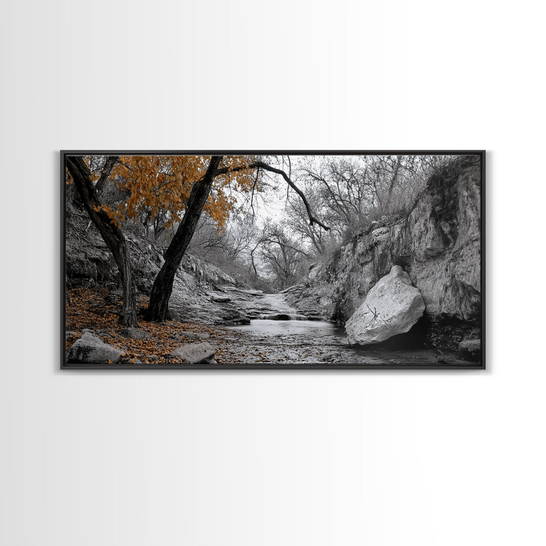 Autumn Stream, Orange Leaves, Waterfall Path, Framed Canvas Print, Fall Wall Art, Rustic Living Room Decor, Seasonal Nature Photography