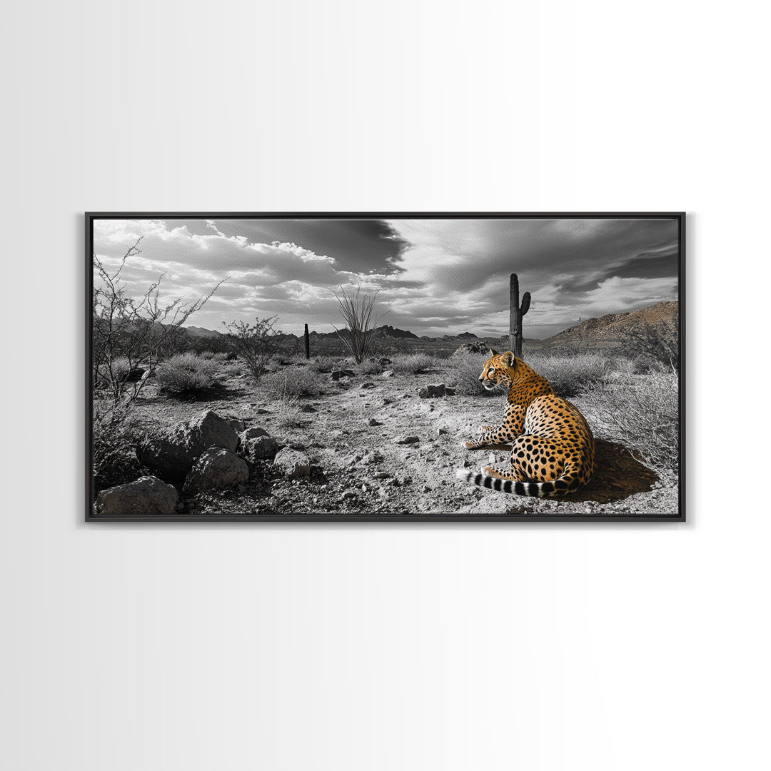 Cheetah Desert, Wild Cat, Monochrome Landscape, Framed Canvas Print, Safari Wall Art, Animal Lover Decor, Masculine Office Artwork