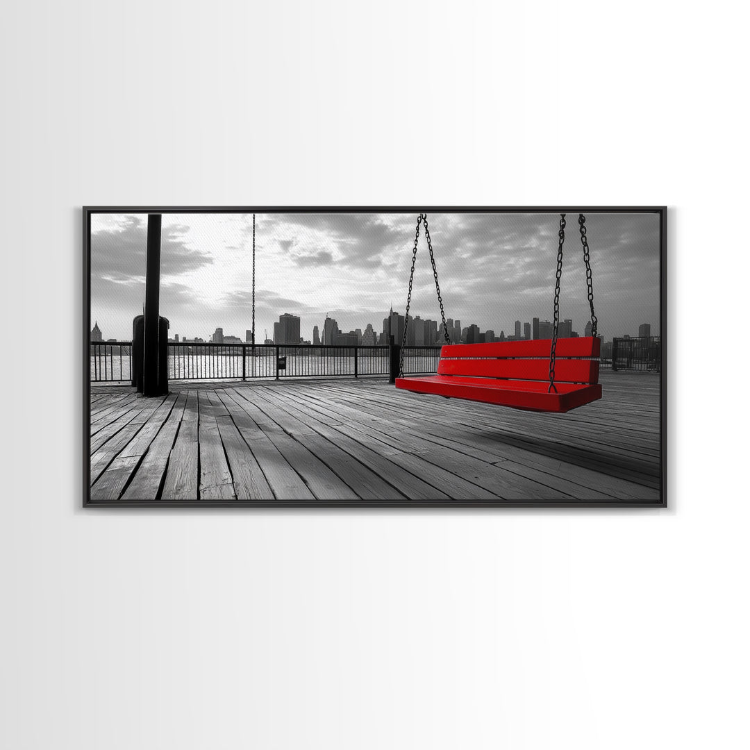 Red Swing, Skyline View, Urban Romance, Canvas Print, Cityscape Wall Art, Modern Minimalist Decor, Contemporary Bedroom Accent