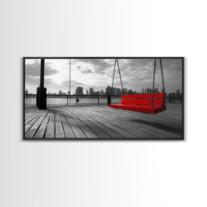 Red Swing, Skyline View, Urban Romance, Canvas Print, Cityscape Wall Art, Modern Minimalist Decor, Contemporary Bedroom Accent