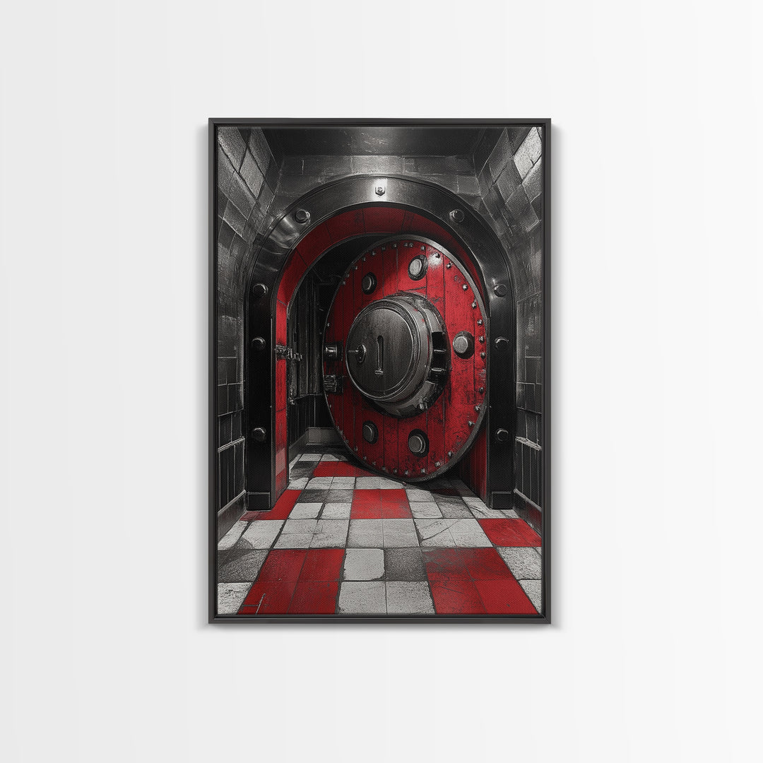 Red Vault Door, Industrial Style, Bold Security, Framed Canvas Print, Urban Interior Wall Art, Game Room Decor, Steampunk Vibes