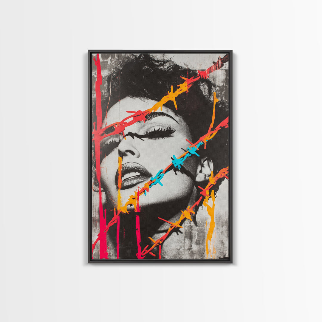 Neon Barbed Beauty, Graffiti Glam, Bold Portrait, Framed Canvas Print, Urban Wall Art, Edgy Bedroom Decor, Pop Art Style Statement