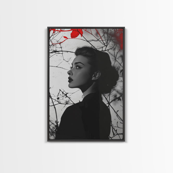 Noir Beauty, Red Accent Leaves, Dramatic Woman Profile, Framed Canvas Print, Glamour Wall Art, Gothic Bedroom Decor, Monochrome Style