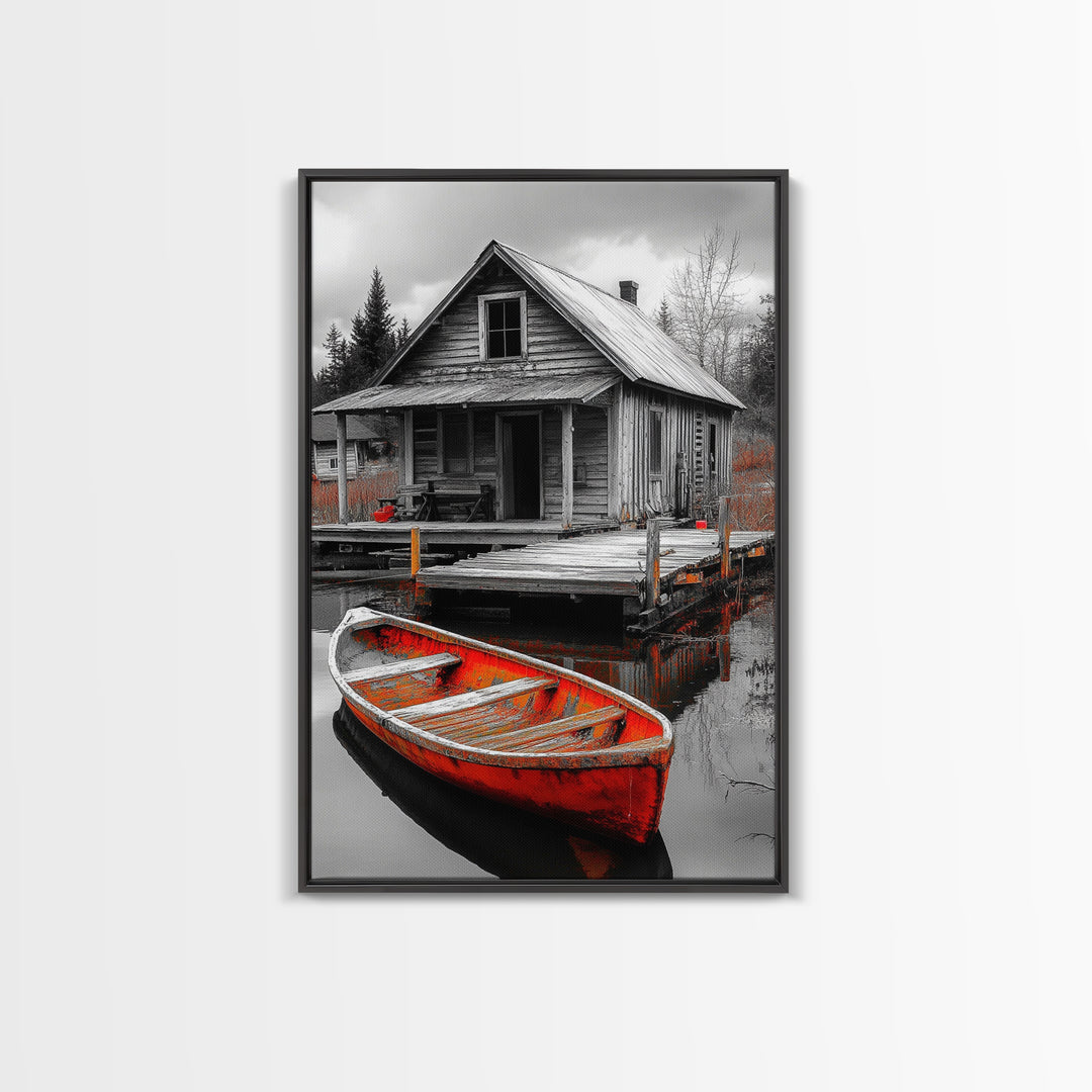 Cabin Reflection, Rustic Rowboat, Autumn Red, Lake Dock, Canvas Print, Fall Wall Art, Country Home Decor, Rustic Landscape, Lodge Style Art