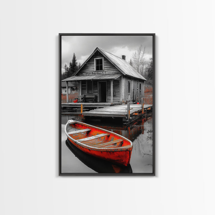 Cabin Reflection, Rustic Rowboat, Autumn Red, Lake Dock, Canvas Print, Fall Wall Art, Country Home Decor, Rustic Landscape, Lodge Style Art