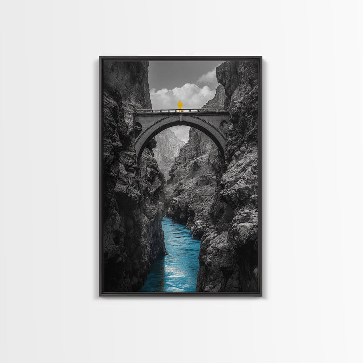 Canyon Bridge, Blue River, Yellow Figure, Framed Canvas Print, Bold Color Photography, Dramatic Landscape, Office Statement Art