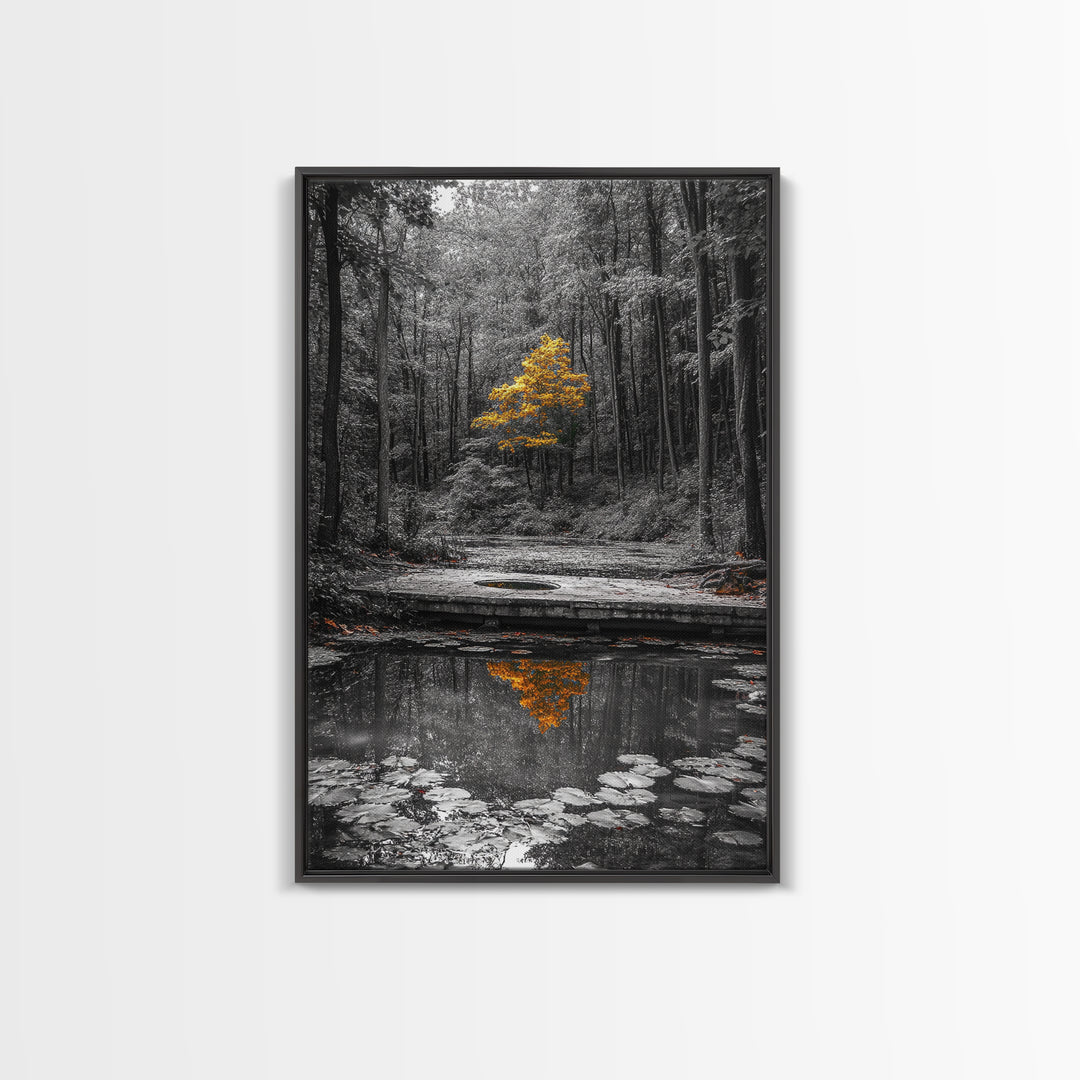 Lone Yellow Tree, Tranquil Pond, Forest Reflection, Canvas Print, Fall Nature Wall Art, Autumn Minimalist Decor, Peaceful Meditation Room