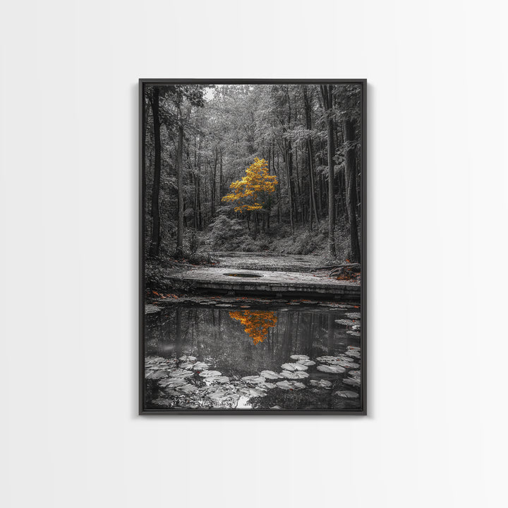 Lone Yellow Tree, Tranquil Pond, Forest Reflection, Canvas Print, Fall Nature Wall Art, Autumn Minimalist Decor, Peaceful Meditation Room