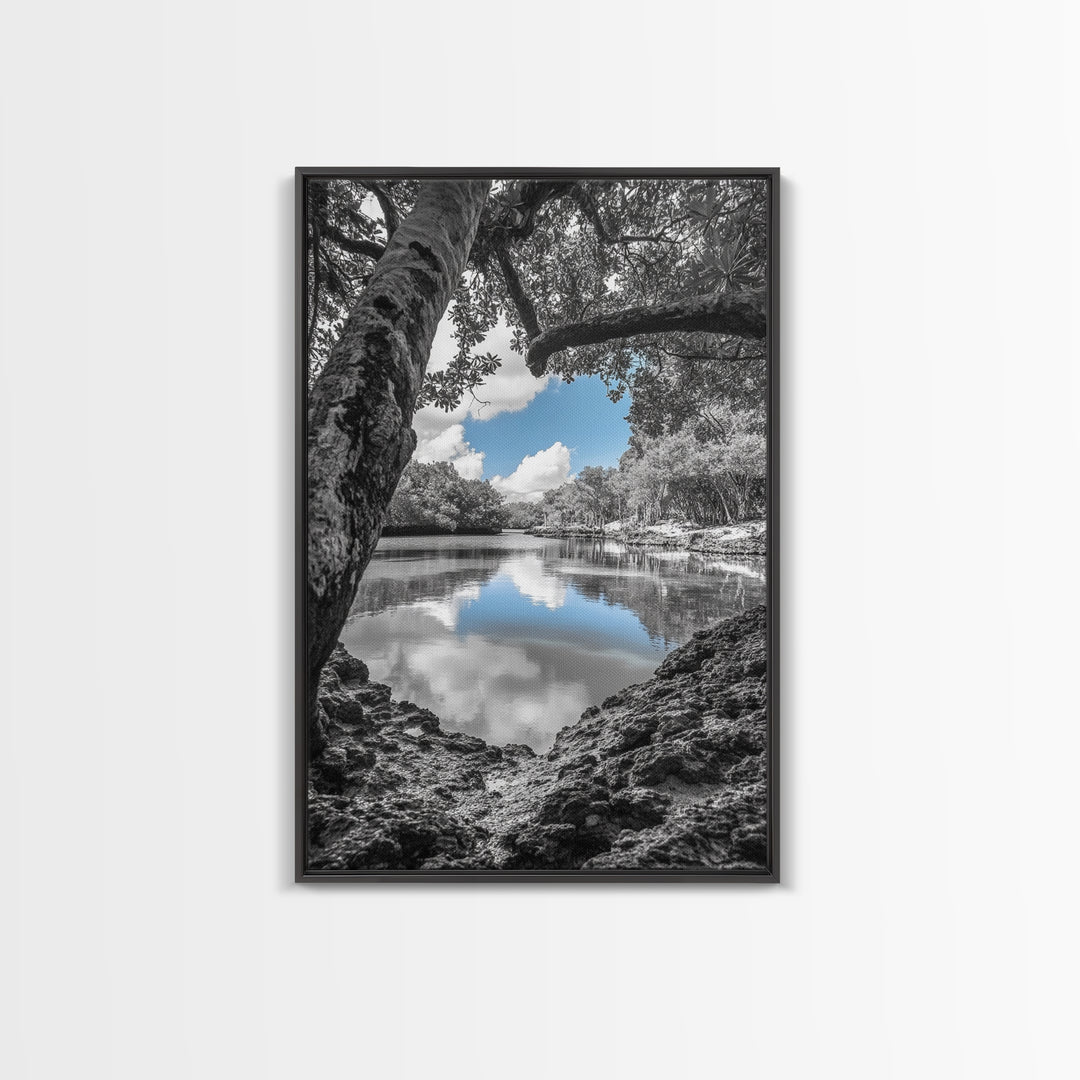 Blue Sky River, Tropical Trees, Natural Tranquility, Framed Canvas Print, Relaxing Bedroom Wall Art, Coastal Nature, Serene Landscape Decor