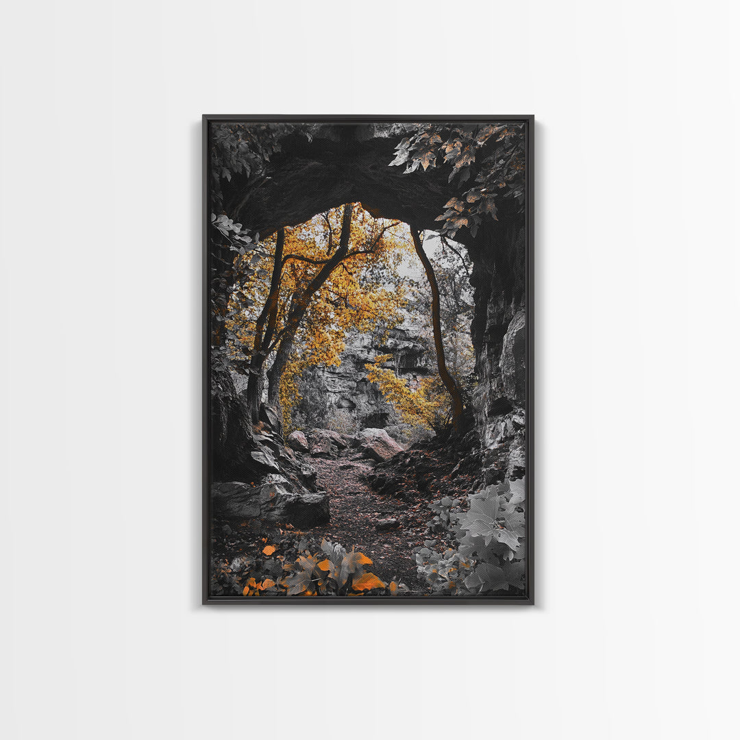 Autumn Trail, Yellow Foliage, Forest Pathway, Framed Canvas Print, Fall Wall Art, Warm Earth Tones, Rustic Entryway Decor, Woodland Scene