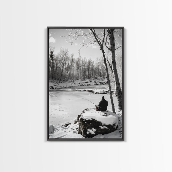 Winter Fishing, Snowy River, Peaceful Solitude, Canvas Print, Cabin Wall Art, Rustic Outdoor Decor, Black White Nature Photography